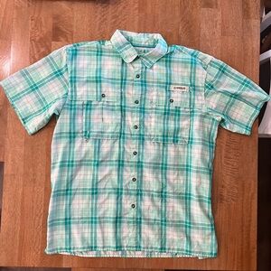 Magellan Outdoors Teal and White Plaid Button Down Fishing Shirt